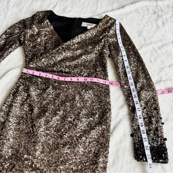 Badgley Mischka Gold Sequin V-neck Longsleeve Drape Waist Maxi Gown Dress 2 - Picture 4 of 12